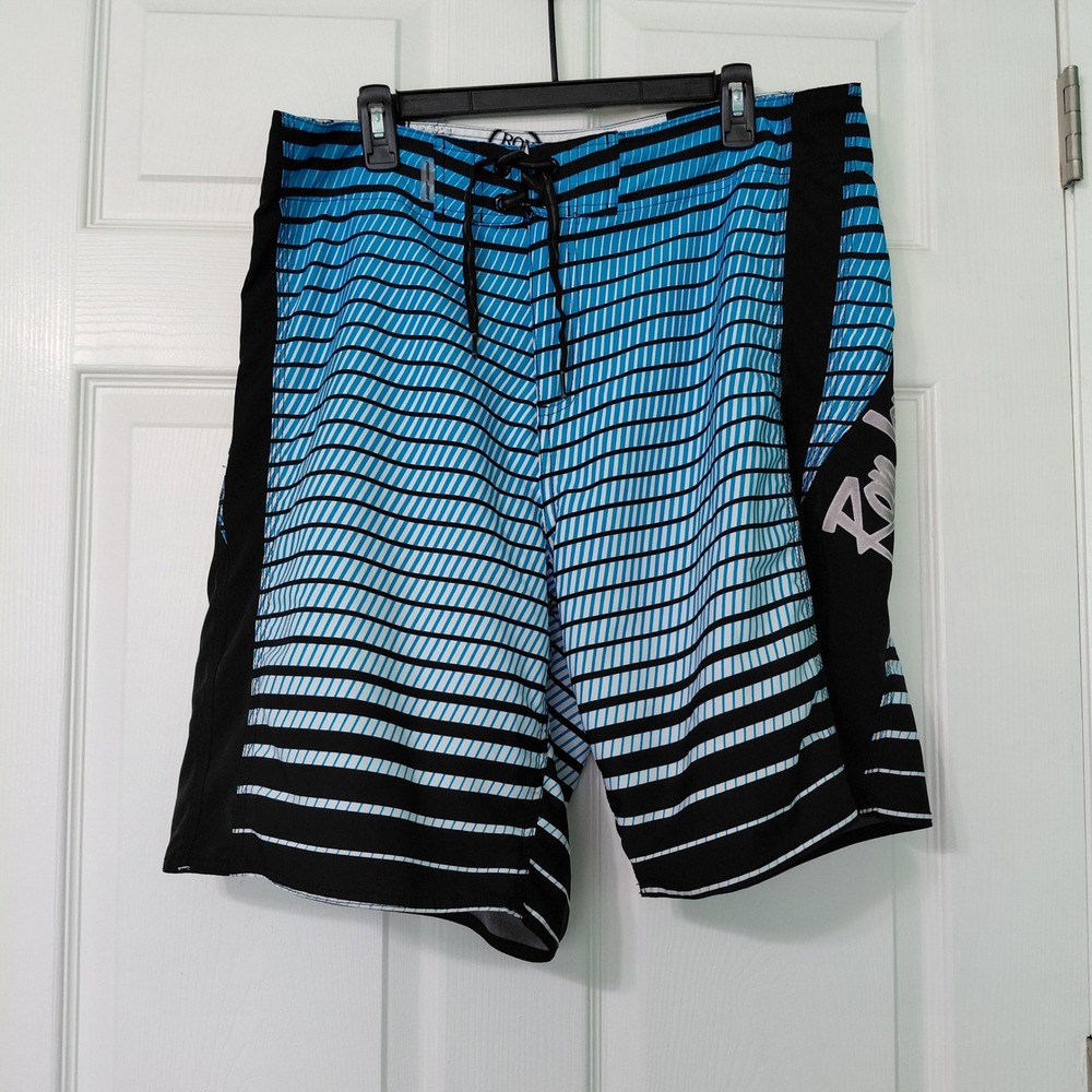 Ron Jon Surf Shop Mens Blue Black Striped Board Shorts Size 36 VEX1911